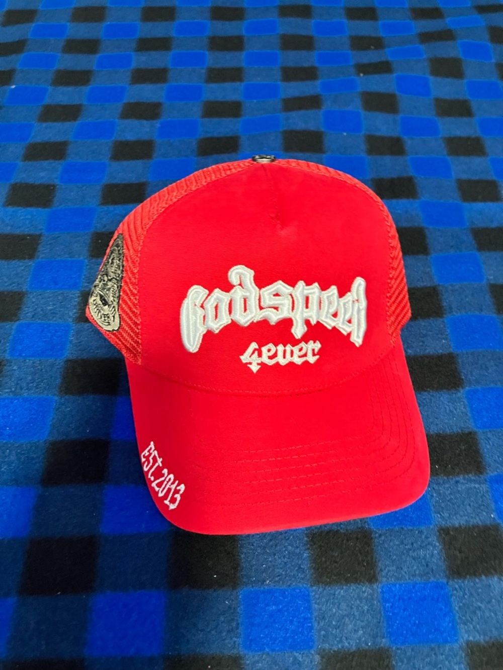 Red Embroidered 'Godspeed' Trucker Hat